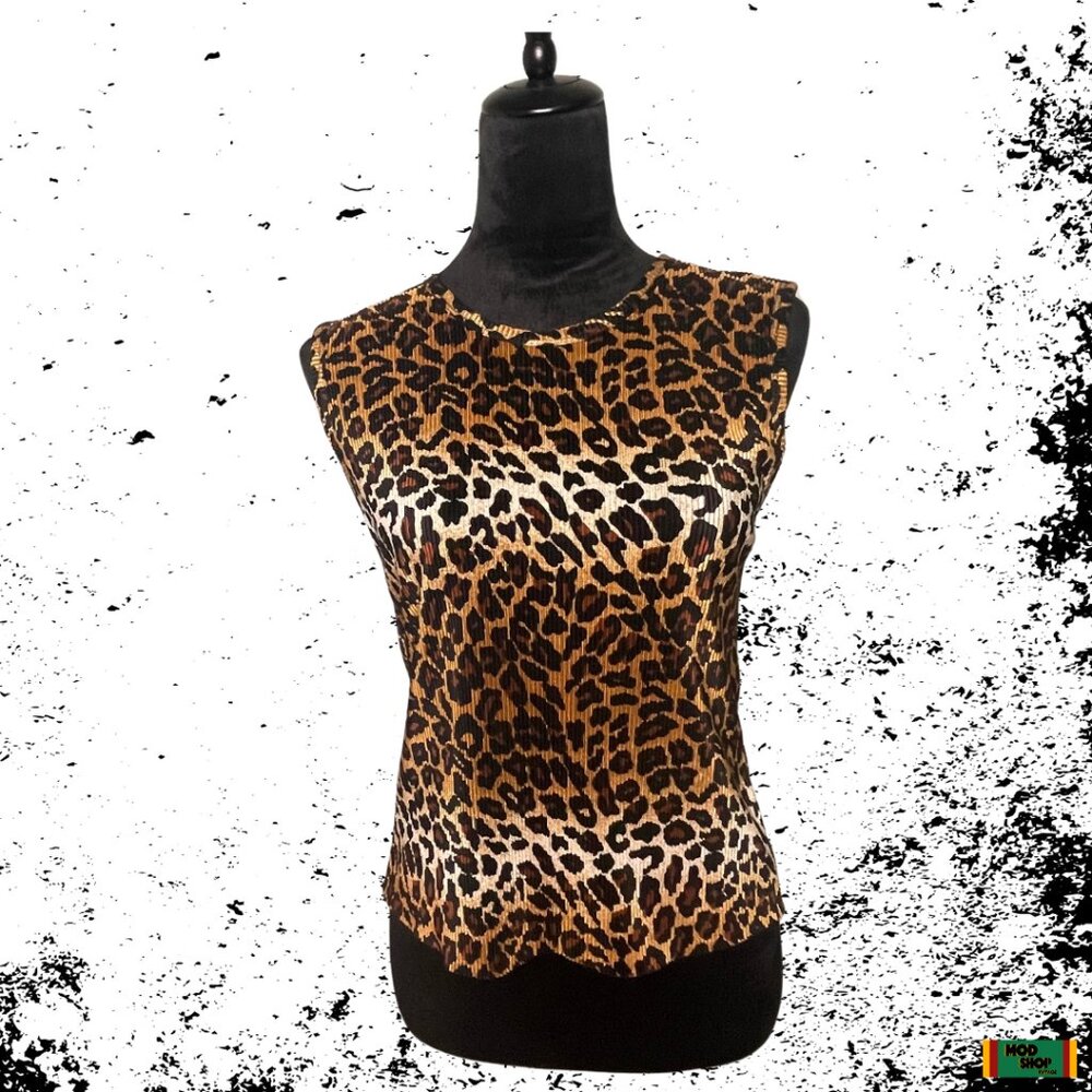 Vintage Plisse Leopard Sleeveless Crimped Tank Small 80s Pinup Retro Rockabilly